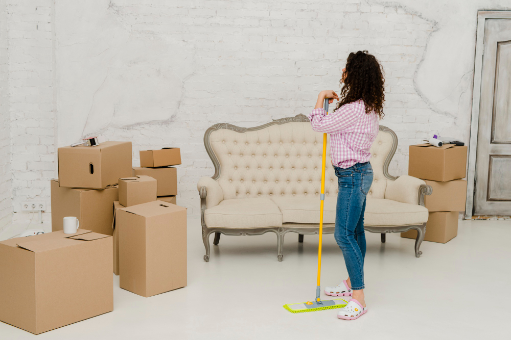 Legacy Clean professional end of tenancy cleaning service with cleaner mopping an empty room with moving boxes, ensuring spotless homes for tenants, landlords, and property managers.